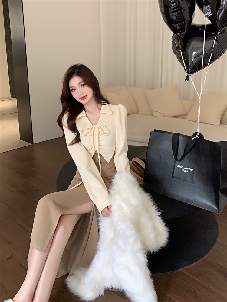 Women's Long Sleeve Faux Two Piece Dress - Slim Fit Knit Bodycon Midi - Image 2