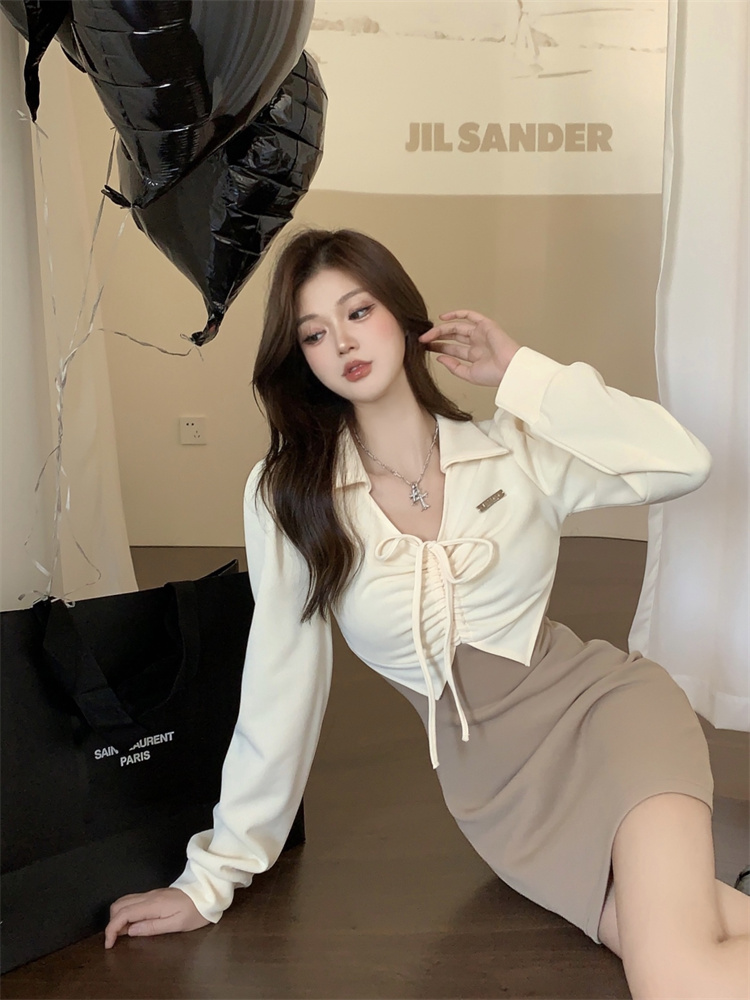 Women's Long Sleeve Faux Two Piece Dress - Slim Fit Knit Bodycon Midi - Image 3