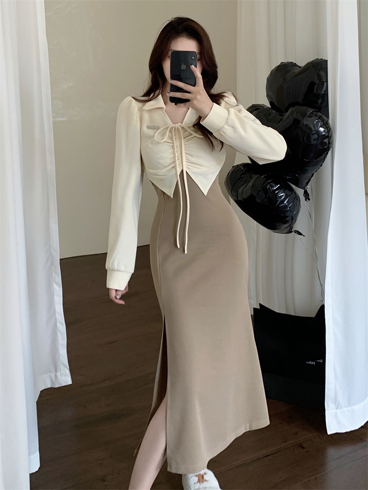 Women's Long Sleeve Faux Two Piece Dress - Slim Fit Knit Bodycon Midi - Image 4