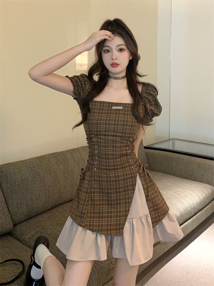 2026 Sweet Cool Plaid High Waist Slim Fit Dress Summer New