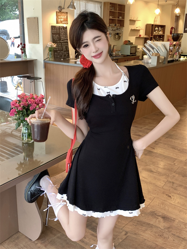 Women’s Preppy JK Style Halter Neck Short Dress with Cinched Waist and Slimming Fit – Style 3f3579