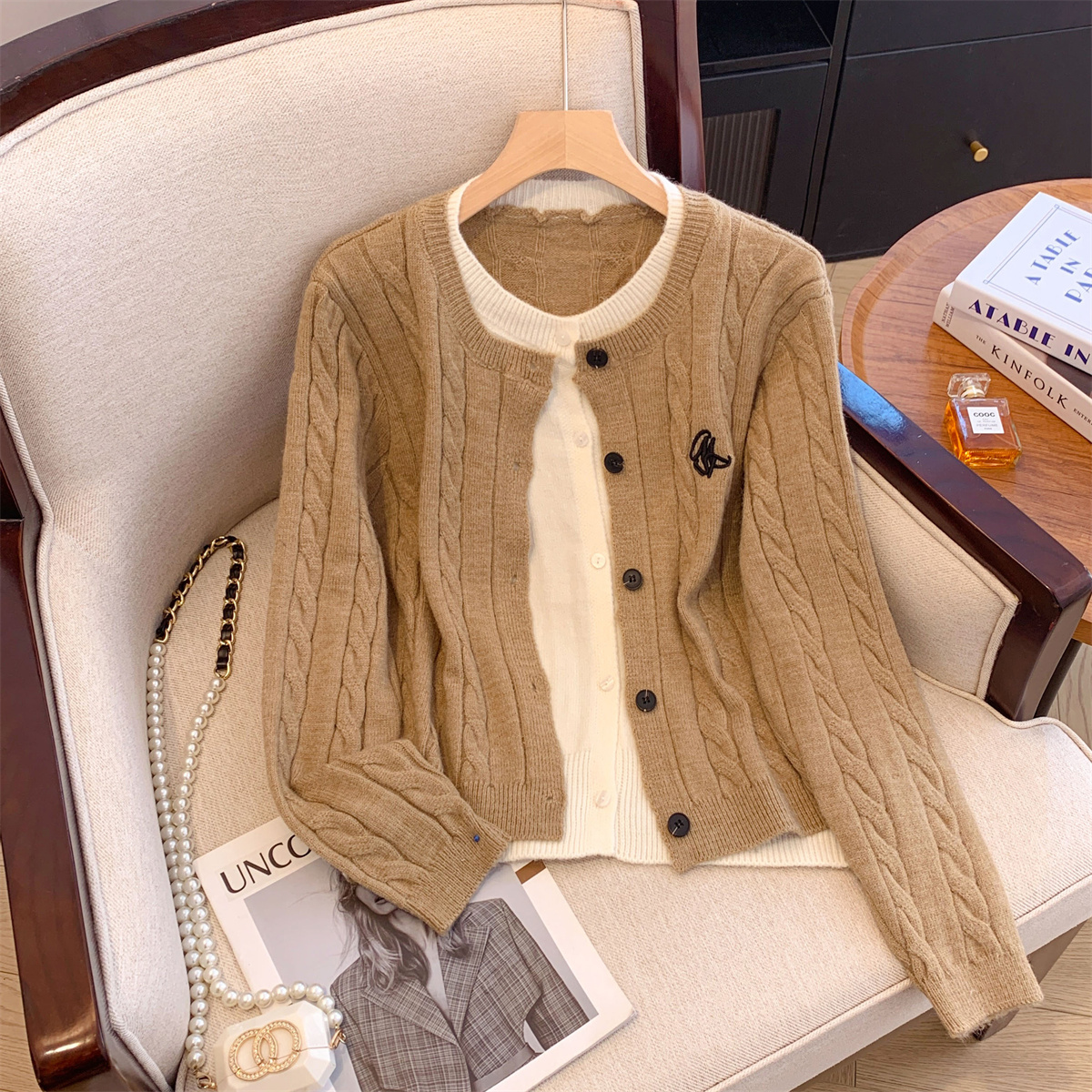 Women’s Cable Knit Cardigan Sweater with Embroidery and Faux Two-Piece Design