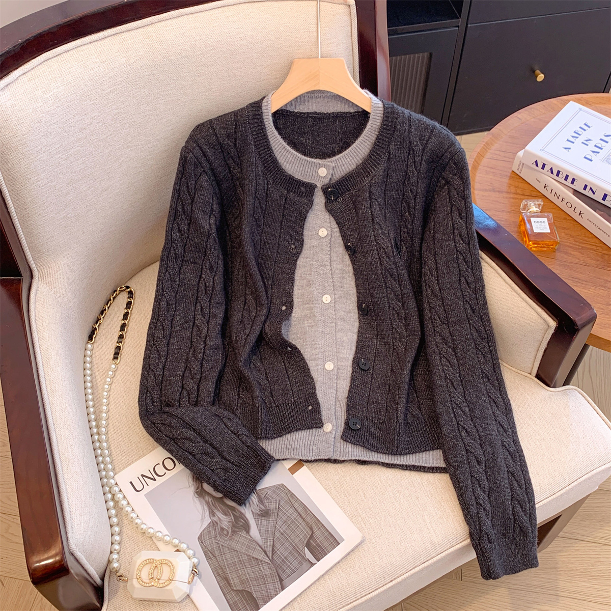 Women's Cable Knit Cardigan Sweater with Embroidery and Faux Two-Piece Design - Image 2