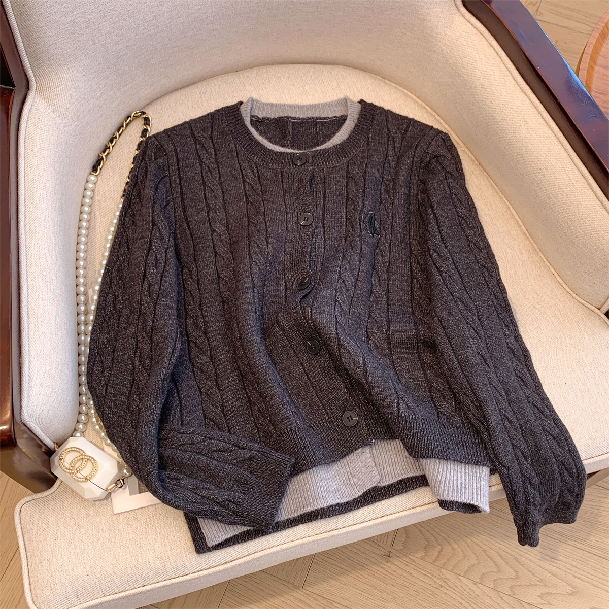 Women's Cable Knit Cardigan Sweater with Embroidery and Faux Two-Piece Design - Image 4