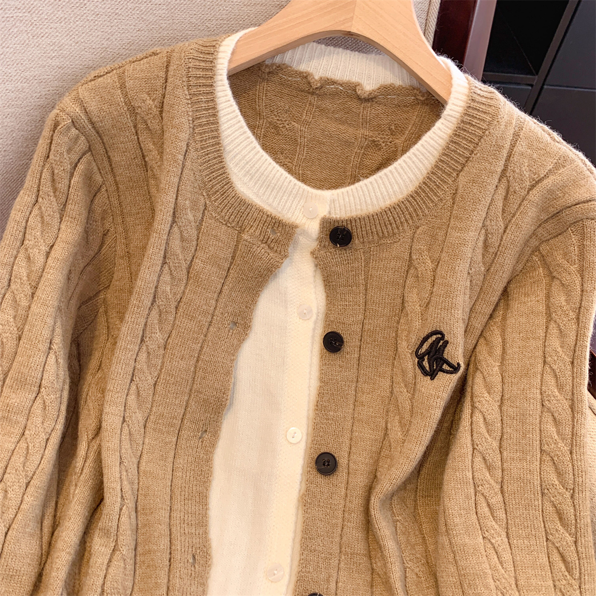 Women's Cable Knit Cardigan Sweater with Embroidery and Faux Two-Piece Design - Image 3