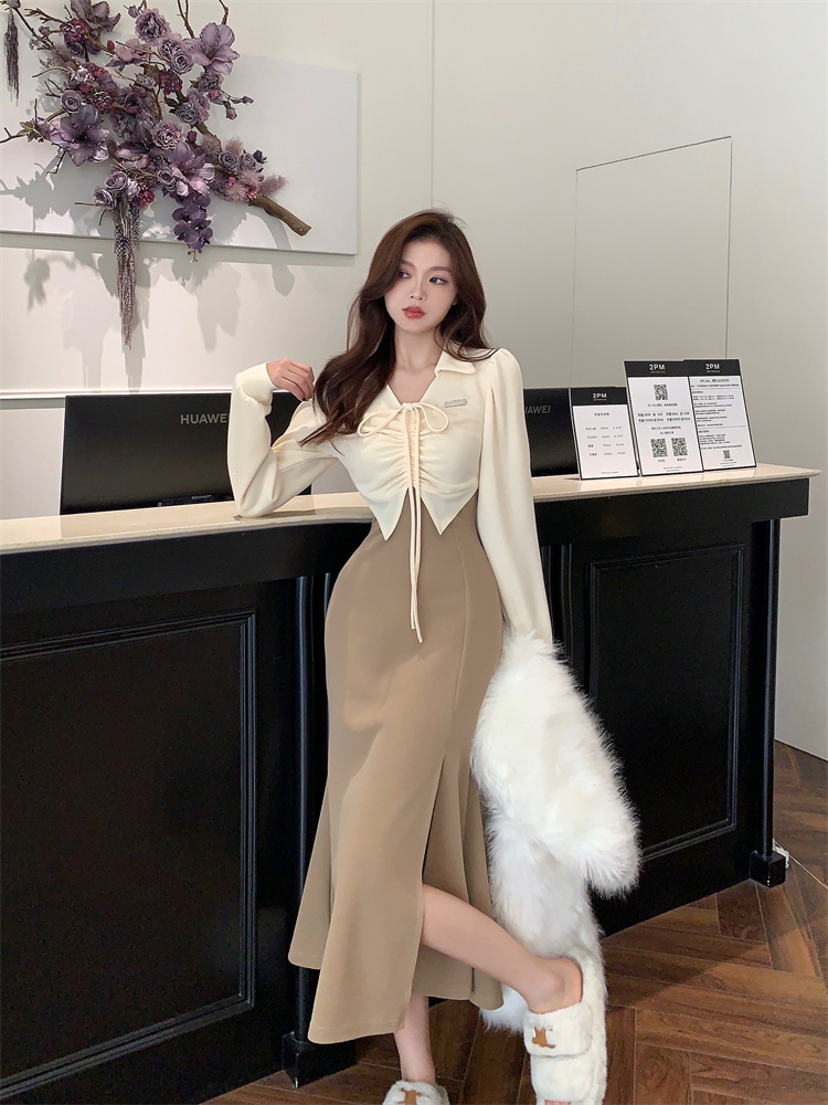 Women's Long Sleeve Faux Two Piece Dress - Slim Fit Knit Bodycon Midi