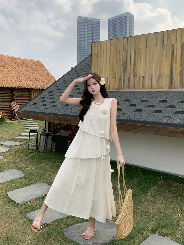 Light Apricot Sleeveless Midi Dress for Women 2026 Summer City Commute - Style 71f8c5