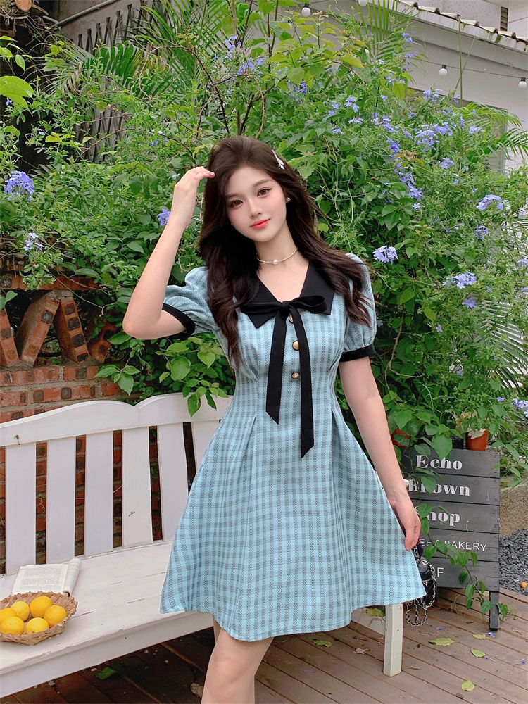 Blue Preppy Plaid Short Sleeve Dress with Doll Collar Women Summer Sweet Waist Cinched A Line Dress