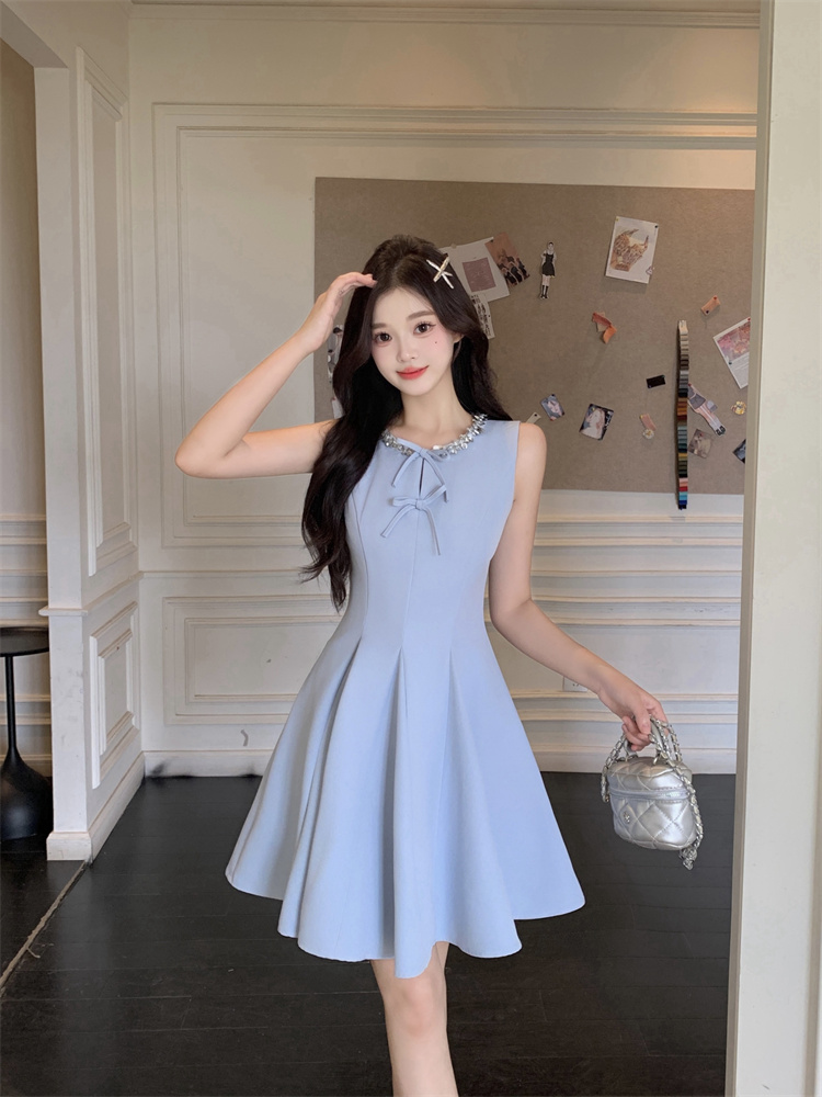 Elegant Blue Sleeveless Miu-Style Ruffle Umbrella Dress for Women Summer