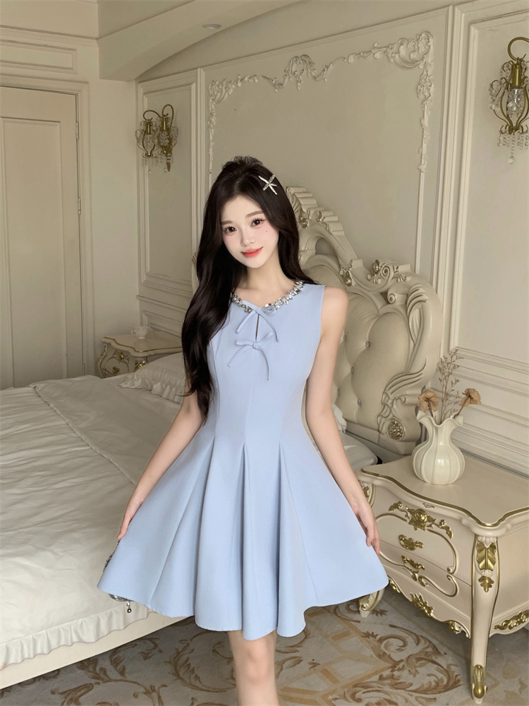 Elegant Blue Sleeveless Miu-Style Ruffle Umbrella Dress for Women Summer - Image 2