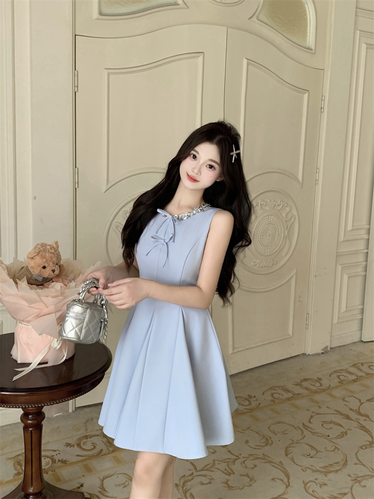 Elegant Blue Sleeveless Miu-Style Ruffle Umbrella Dress for Women Summer - Image 3
