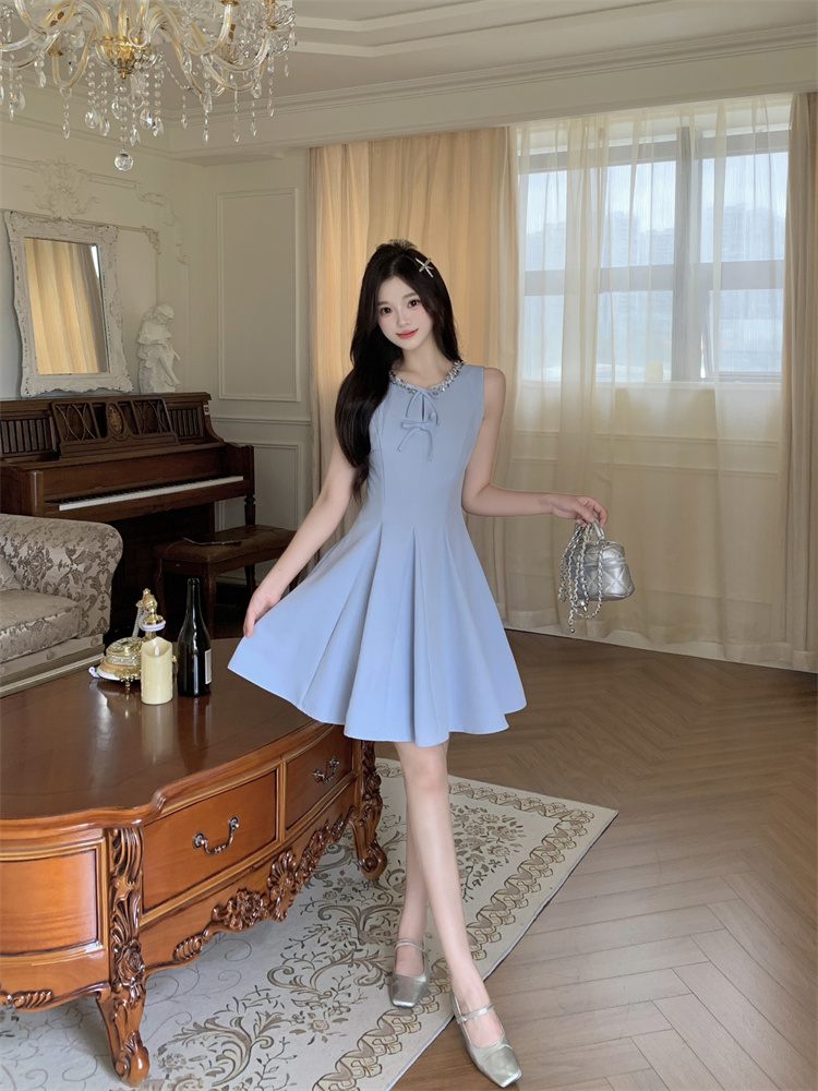 Elegant Blue Sleeveless Miu-Style Ruffle Umbrella Dress for Women Summer - Image 4