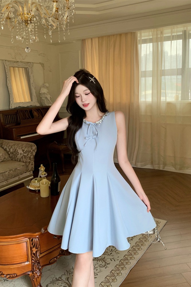 Elegant Blue Sleeveless Miu-Style Ruffle Umbrella Dress for Women Summer - Image 5