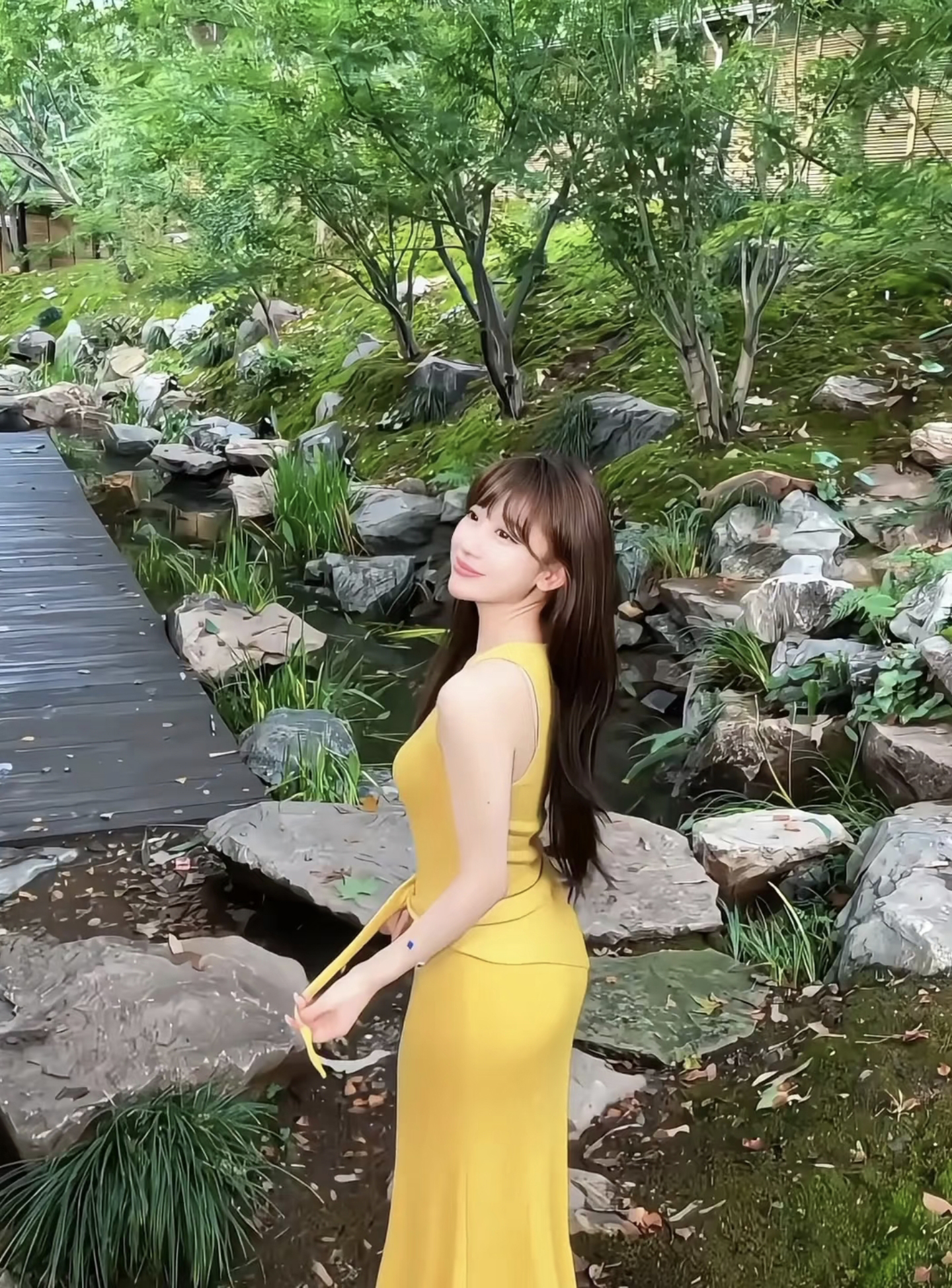 Yellow Square Neck Tank Dress Summer Vacation Slim Fit Mermaid Long Dress - Image 2