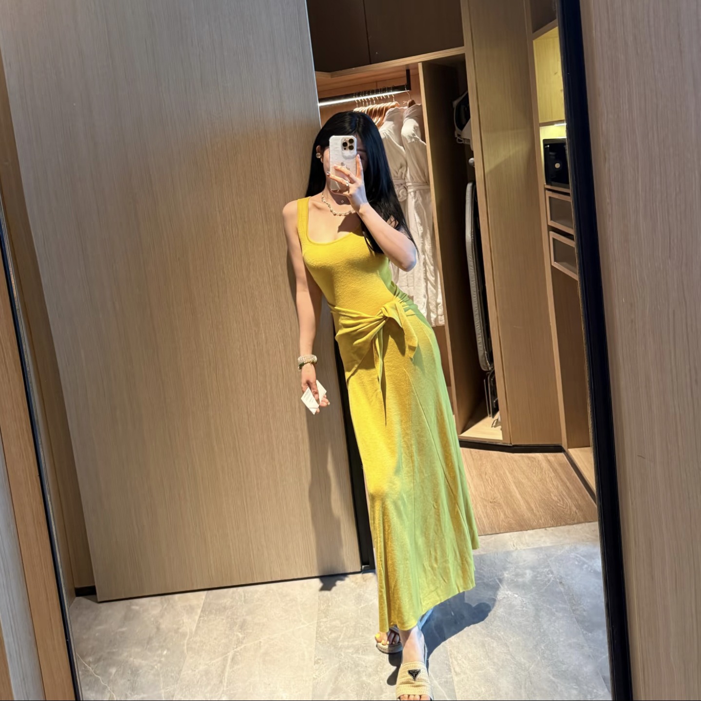 Yellow Square Neck Tank Dress Summer Vacation Slim Fit Mermaid Long Dress - Image 5