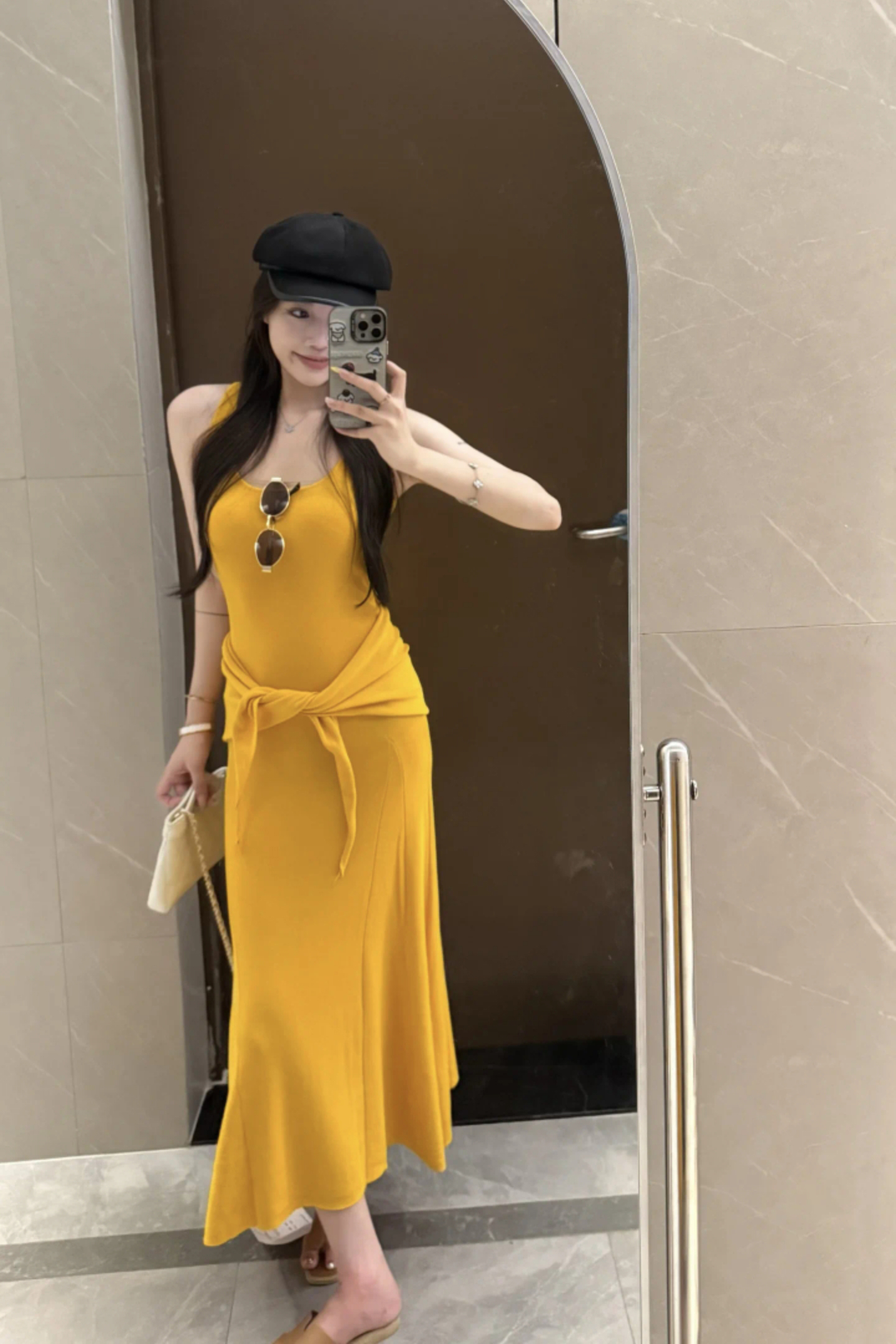 Yellow Square Neck Cami Dress with Shawl and Triangle Scarf