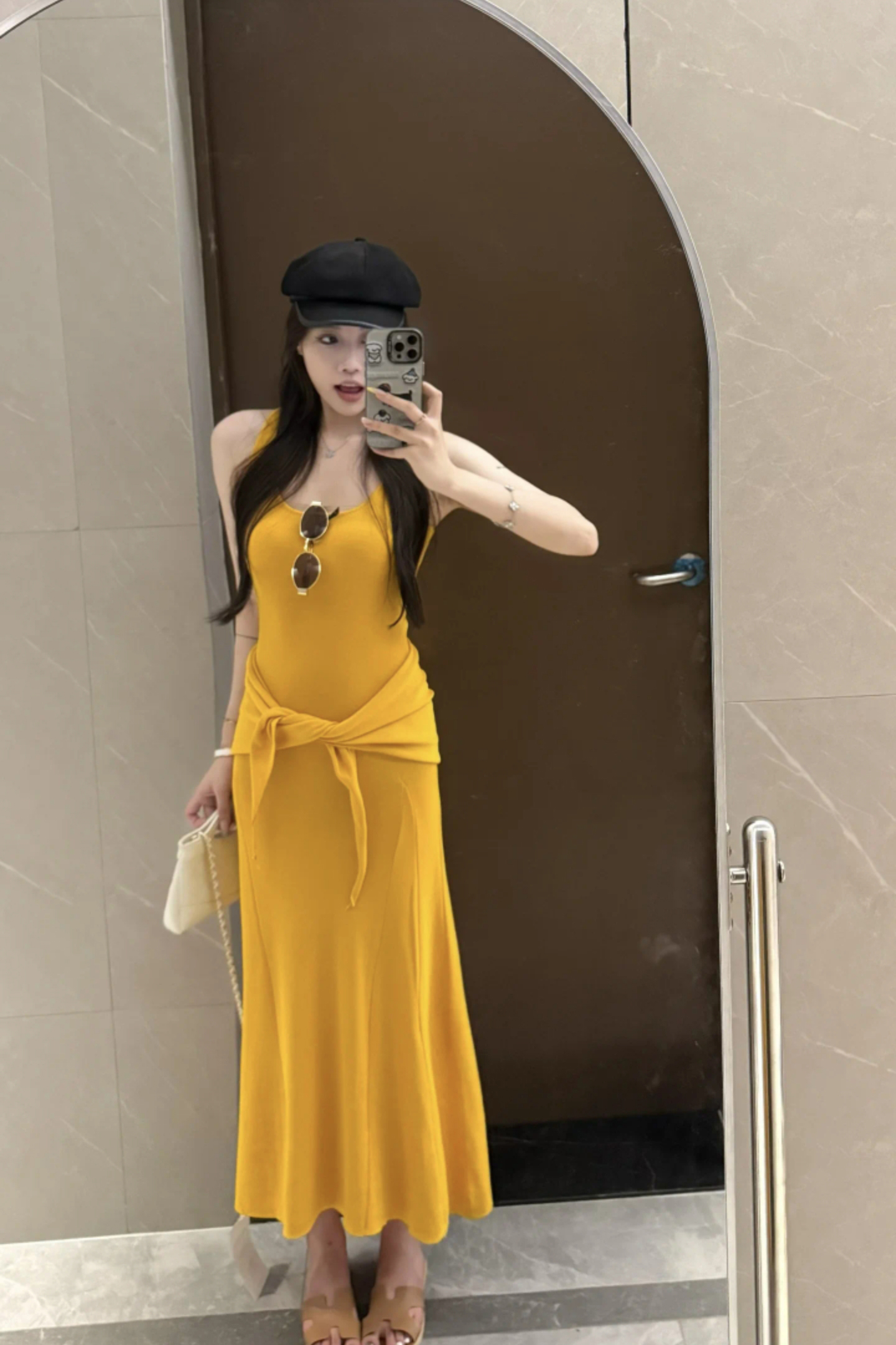 Yellow Square Neck Cami Dress with Shawl and Triangle Scarf - Image 2