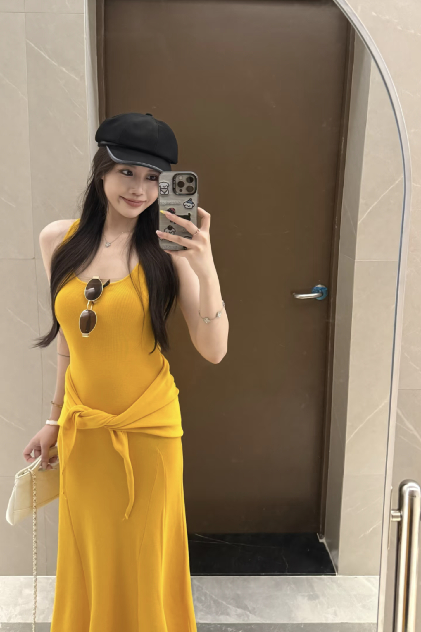 Yellow Square Neck Cami Dress with Shawl and Triangle Scarf - Image 3