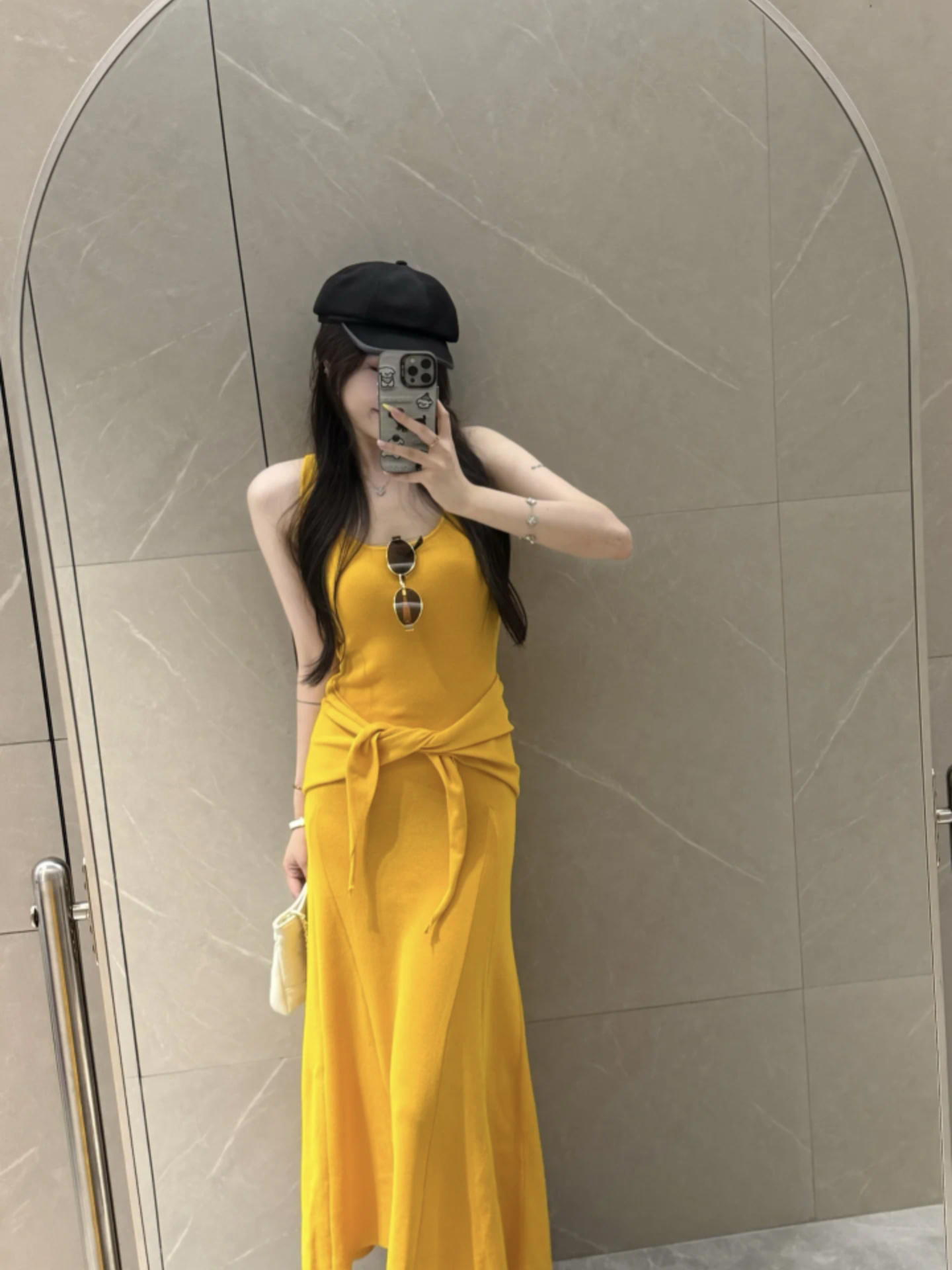 Yellow Square Neck Cami Dress with Shawl and Triangle Scarf - Image 4