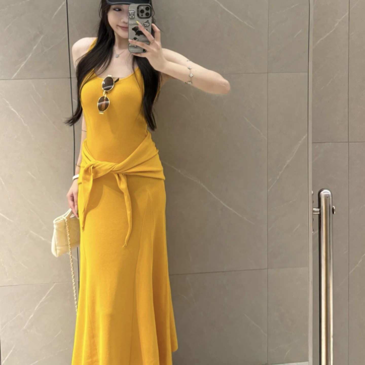 Yellow Square Neck Cami Dress with Shawl and Triangle Scarf - Image 5