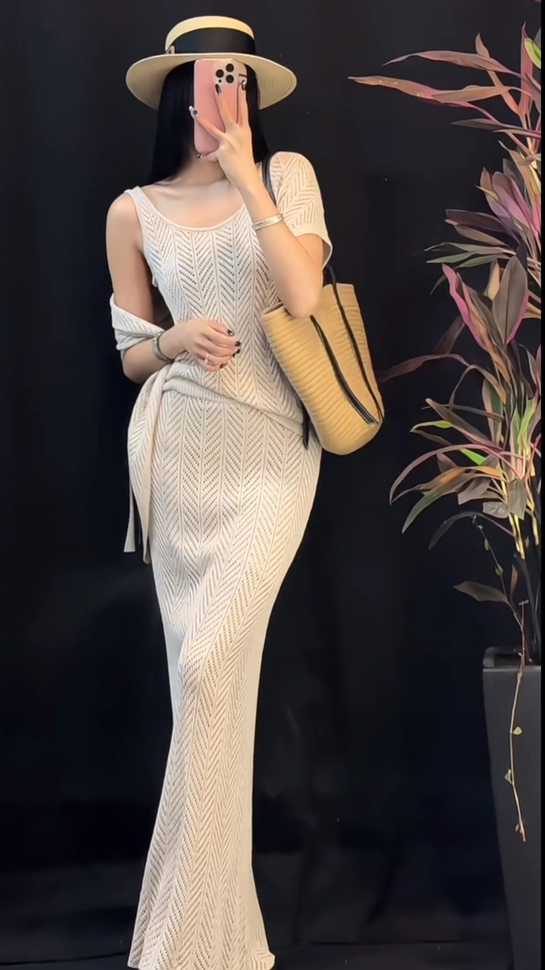 French Vacation Style Three-Piece Knit Set in Light Khaki - Image 3