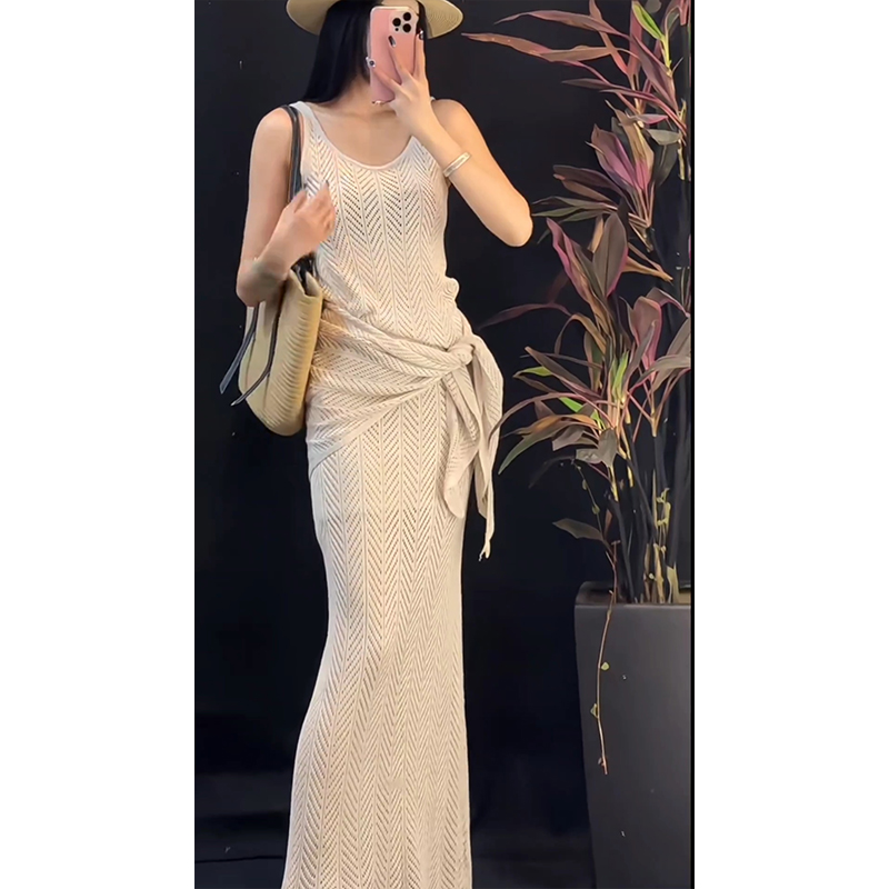 French Vacation Style Three-Piece Knit Set in Light Khaki - Image 5