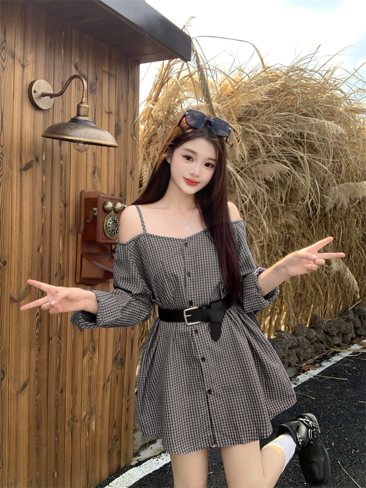 Spring Plaid Shirt Dress Women Long Sleeve Loose Slimming Short Dress