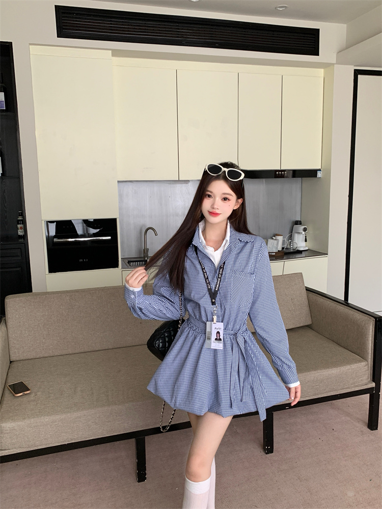 Women's Preppy A-Line Shirt Dress with Tie Waist Long Sleeve - Style 3dfc54 - Image 3