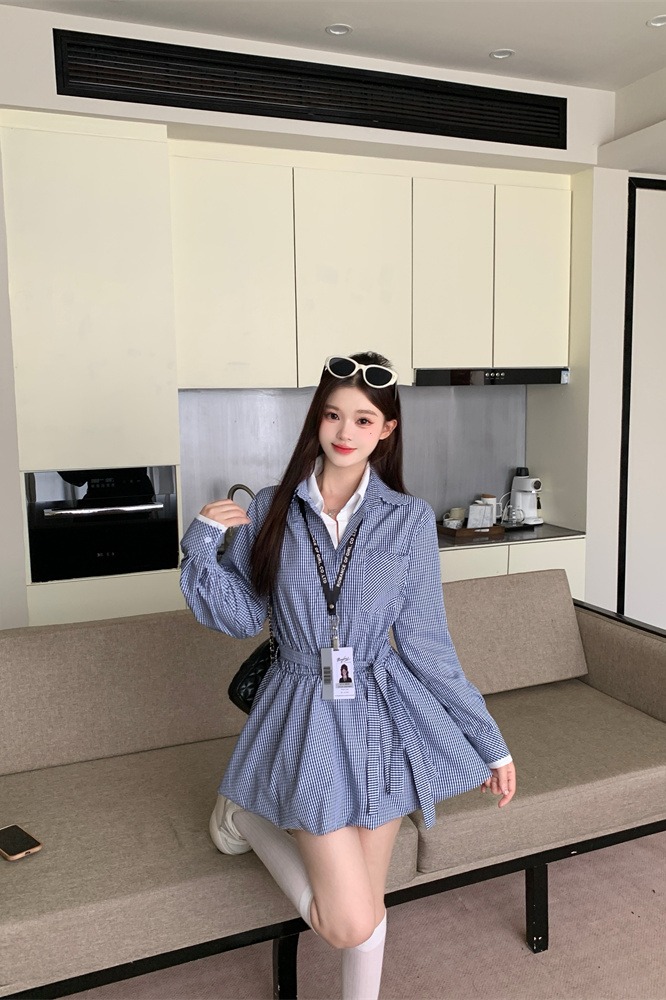Women's Preppy A-Line Shirt Dress with Tie Waist Long Sleeve - Style 3dfc54 - Image 5