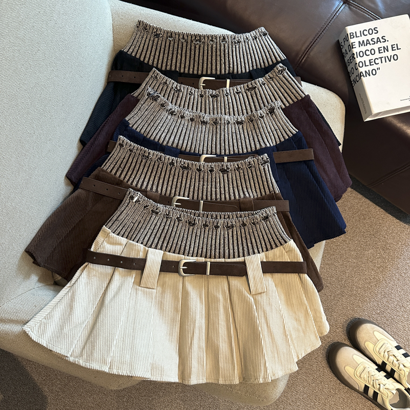 Women's High Waist Corduroy Pleated A-Line Mini Skirt with Knit Panels