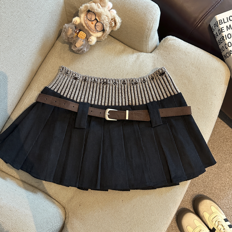 Women's High Waist Corduroy Pleated A-Line Mini Skirt with Knit Panels - Image 5