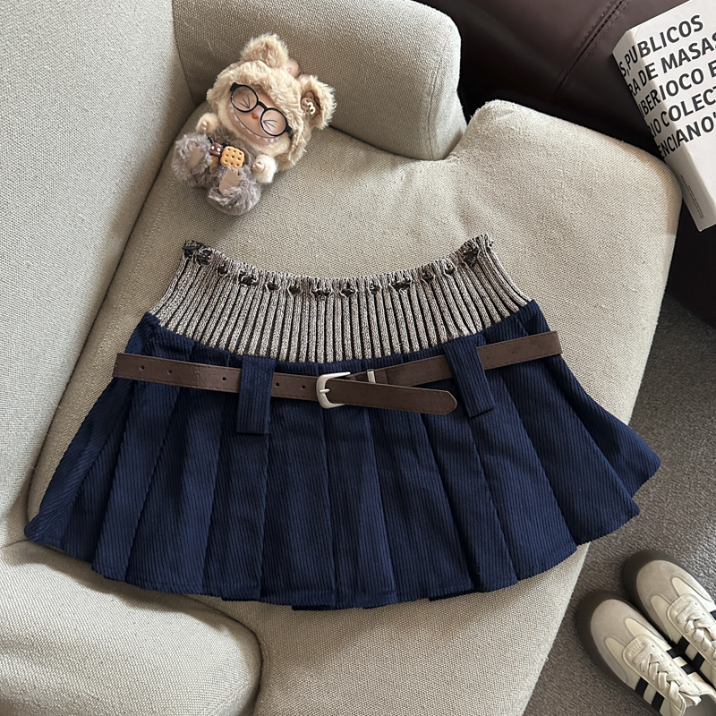 Women's High Waist Corduroy Pleated A-Line Mini Skirt with Knit Panels - Image 3