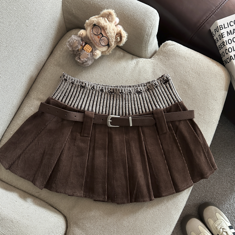 Women's High Waist Corduroy Pleated A-Line Mini Skirt with Knit Panels - Image 4
