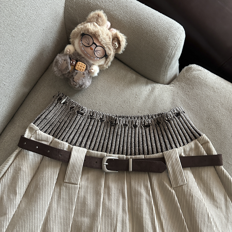 Women's High Waist Corduroy Pleated A-Line Mini Skirt with Knit Panels - Image 2