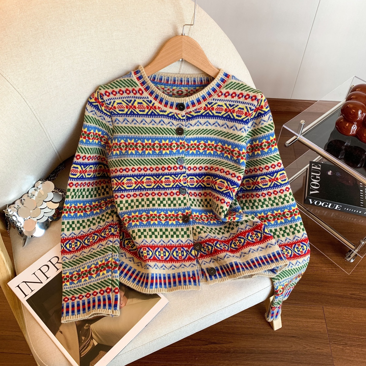 Retro Ethnic Colorful Jacquard Knit Cardigan for Women Loose Fit Fall Winter