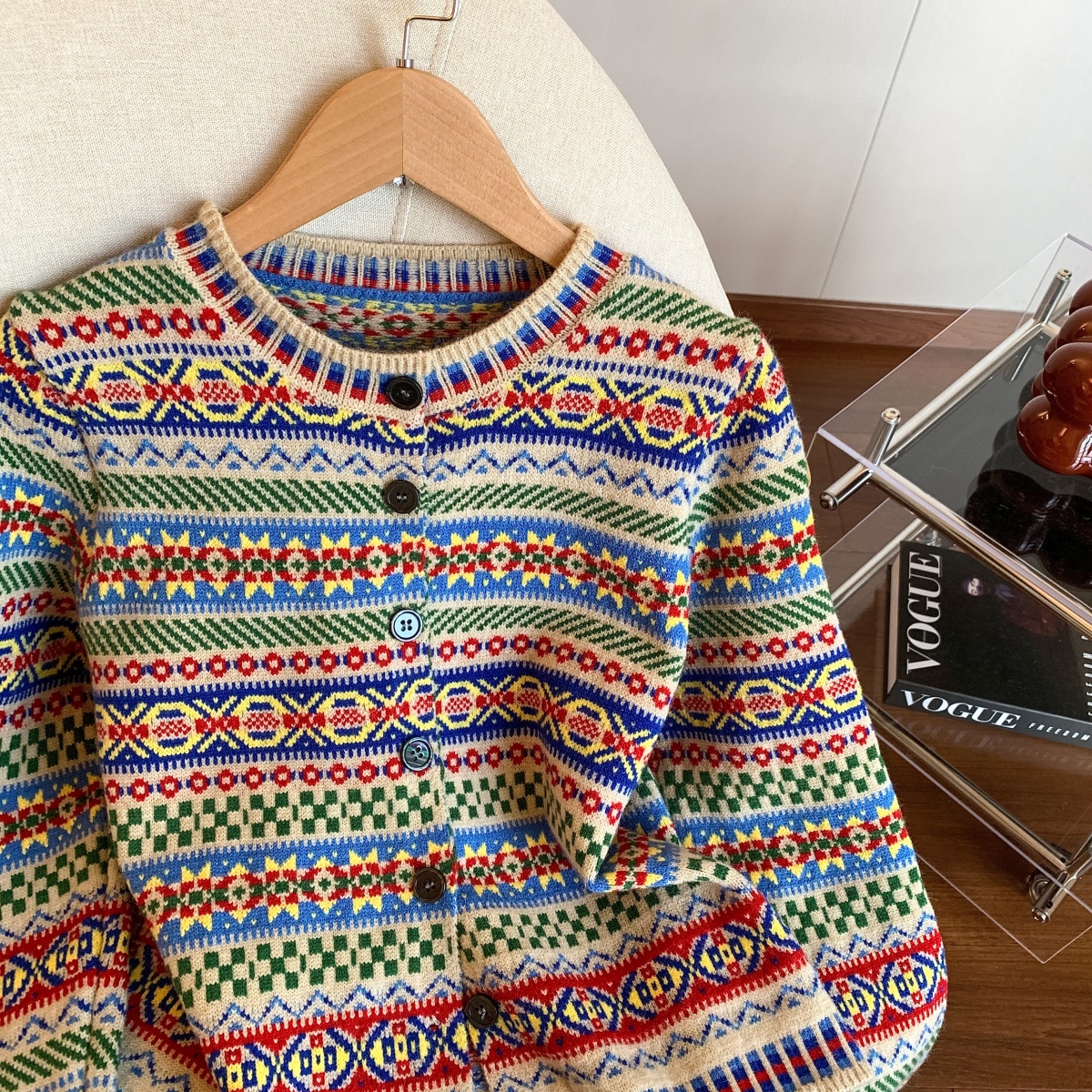 Retro Ethnic Colorful Jacquard Knit Cardigan for Women Loose Fit Fall Winter - Image 2