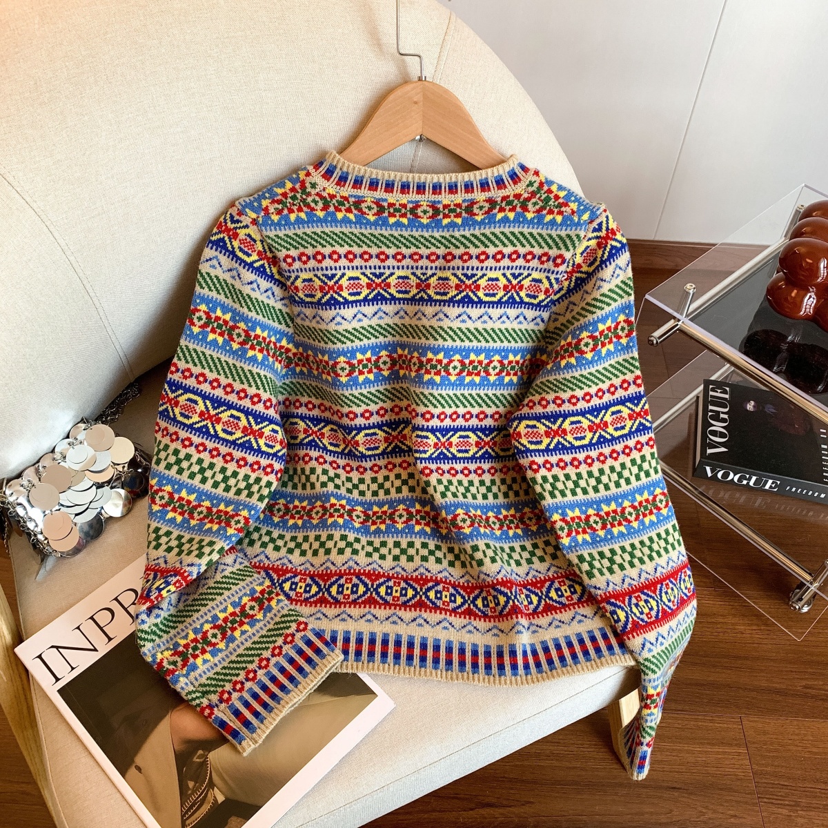 Retro Ethnic Colorful Jacquard Knit Cardigan for Women Loose Fit Fall Winter - Image 4