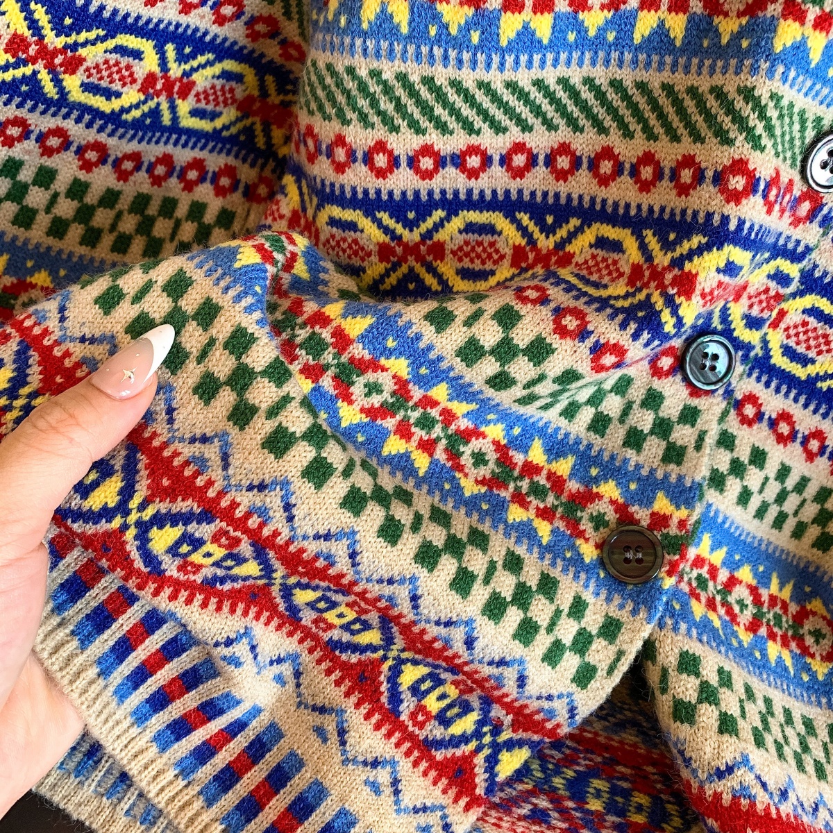 Retro Ethnic Colorful Jacquard Knit Cardigan for Women Loose Fit Fall Winter - Image 5