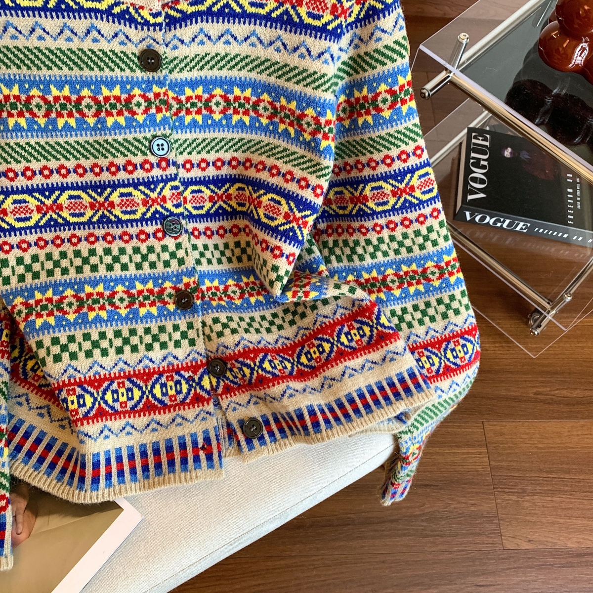 Retro Ethnic Colorful Jacquard Knit Cardigan for Women Loose Fit Fall Winter - Image 3