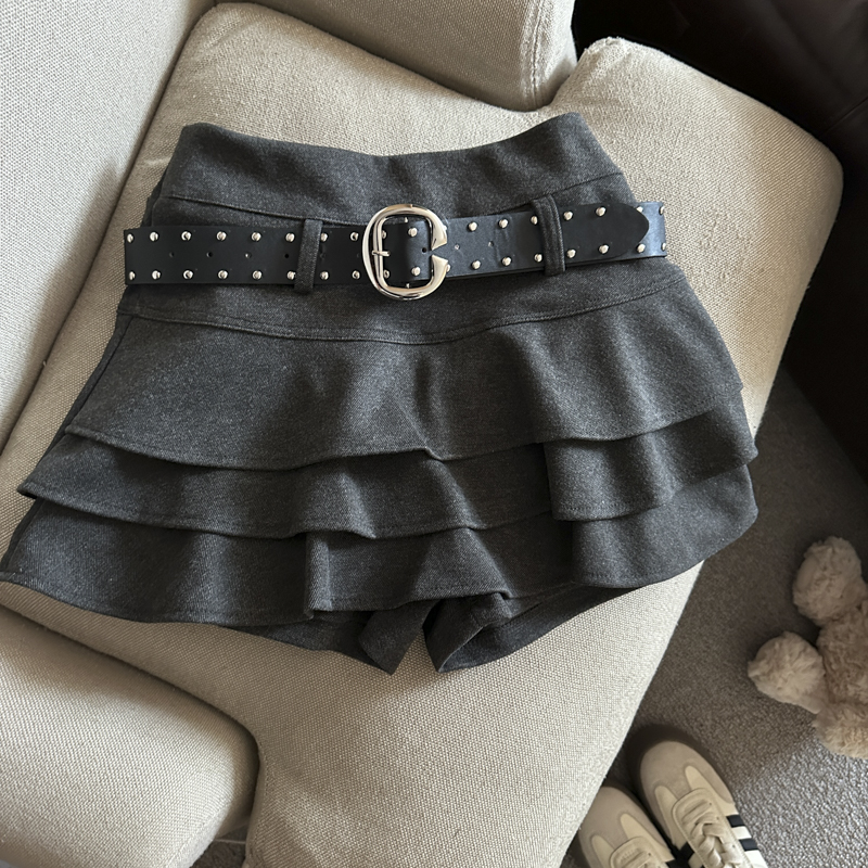 Autumn Winter Wool-Blend High-Waist Tiered Ruffle A-Line Mini Skirt with Built-In Shorts and Belt - Image 4