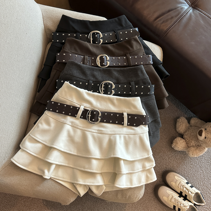 Autumn Winter Wool-Blend High-Waist Tiered Ruffle A-Line Mini Skirt with Built-In Shorts and Belt