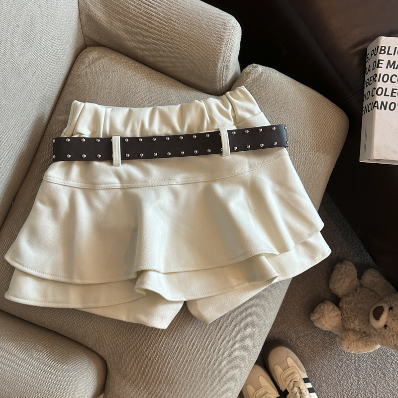 Autumn Winter Wool-Blend High-Waist Tiered Ruffle A-Line Mini Skirt with Built-In Shorts and Belt - Image 3