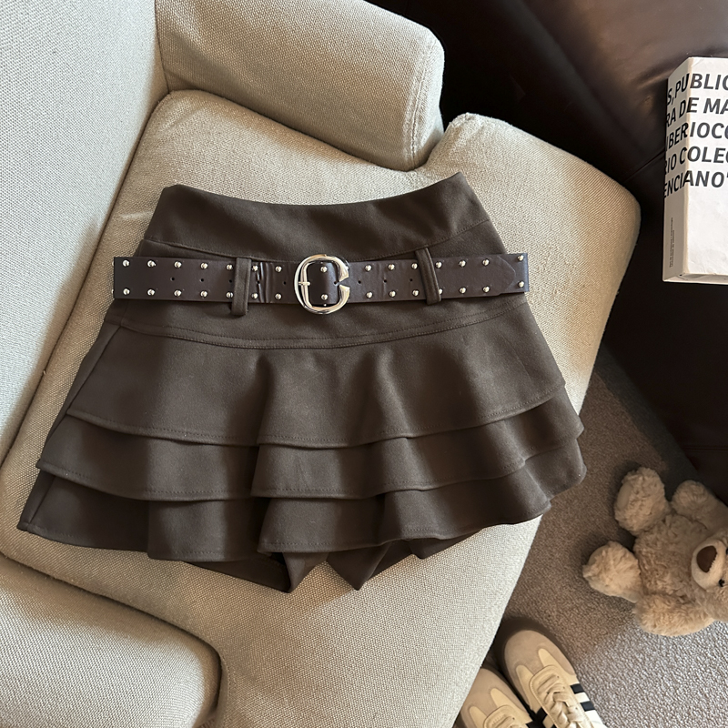 Autumn Winter Wool-Blend High-Waist Tiered Ruffle A-Line Mini Skirt with Built-In Shorts and Belt - Image 5