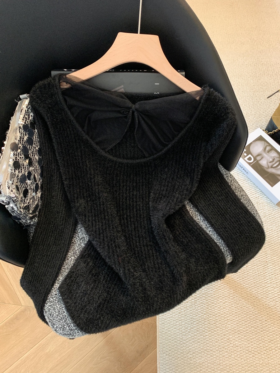 Women's Faux Mink Knit Sweater with Lace Trim French Style Slim Fit Pullover - Image 2