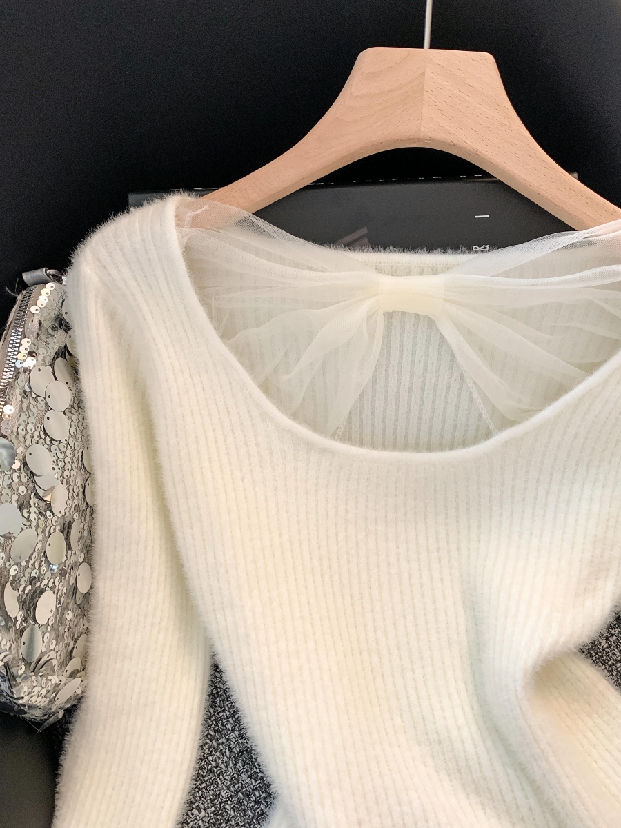 Women's Faux Mink Knit Sweater with Lace Trim French Style Slim Fit Pullover - Image 3