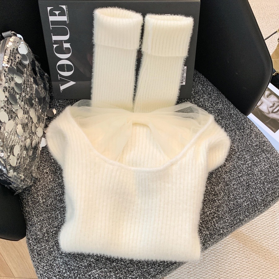 Women's Faux Mink Knit Sweater with Lace Trim French Style Slim Fit Pullover - Image 5