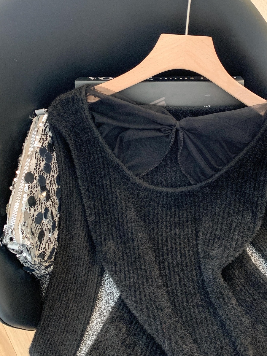 Women's Faux Mink Knit Sweater with Lace Trim French Style Slim Fit Pullover - Image 4