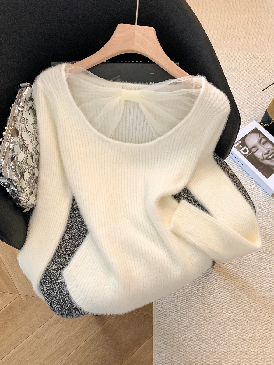 Women’s Faux Mink Knit Sweater with Lace Trim French Style Slim Fit Pullover