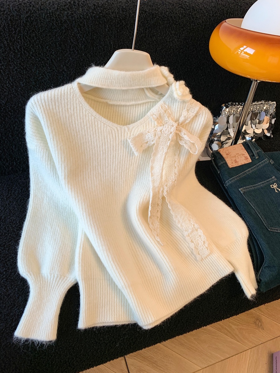 Korean Sweet Halter Hollow Flower Knit Sweater Women Winter Thickened - Image 3