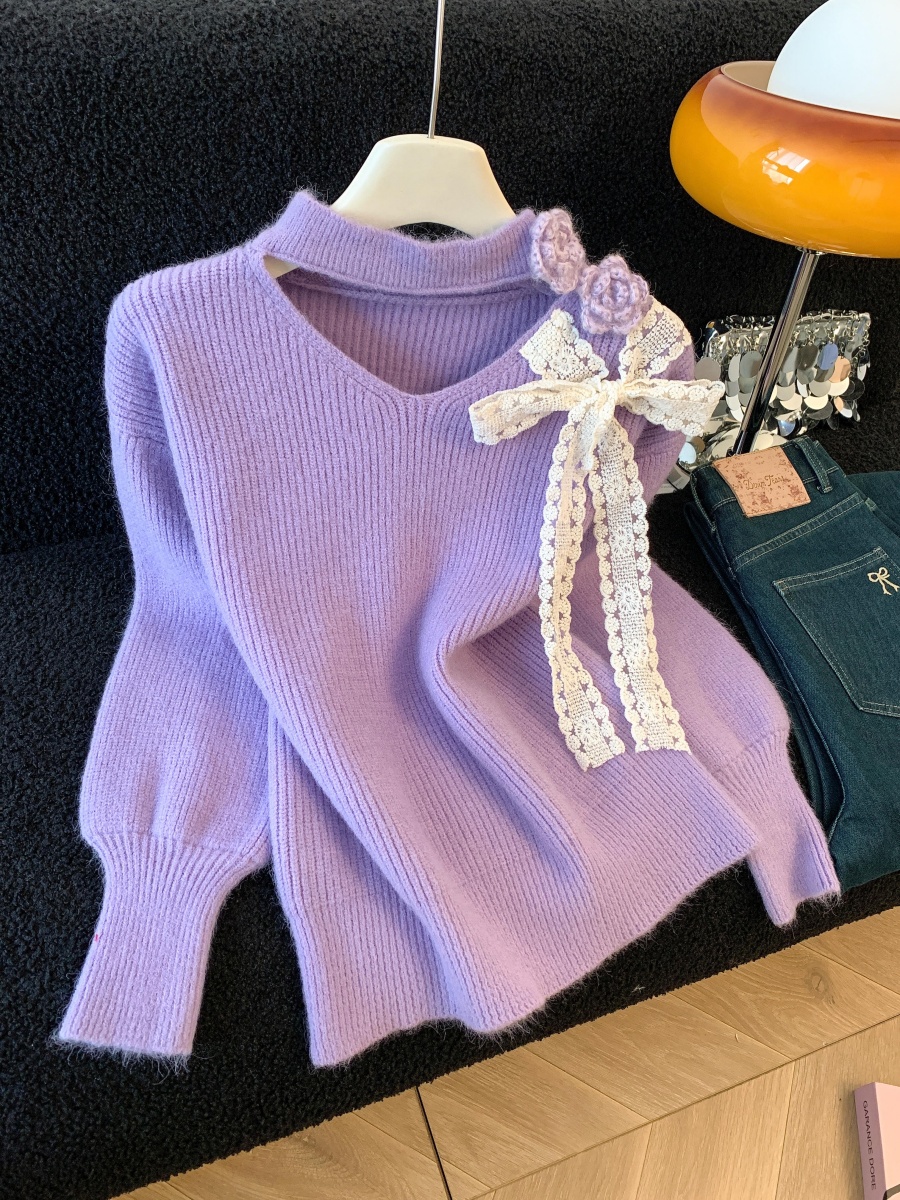 Korean Sweet Halter Hollow Flower Knit Sweater Women Winter Thickened